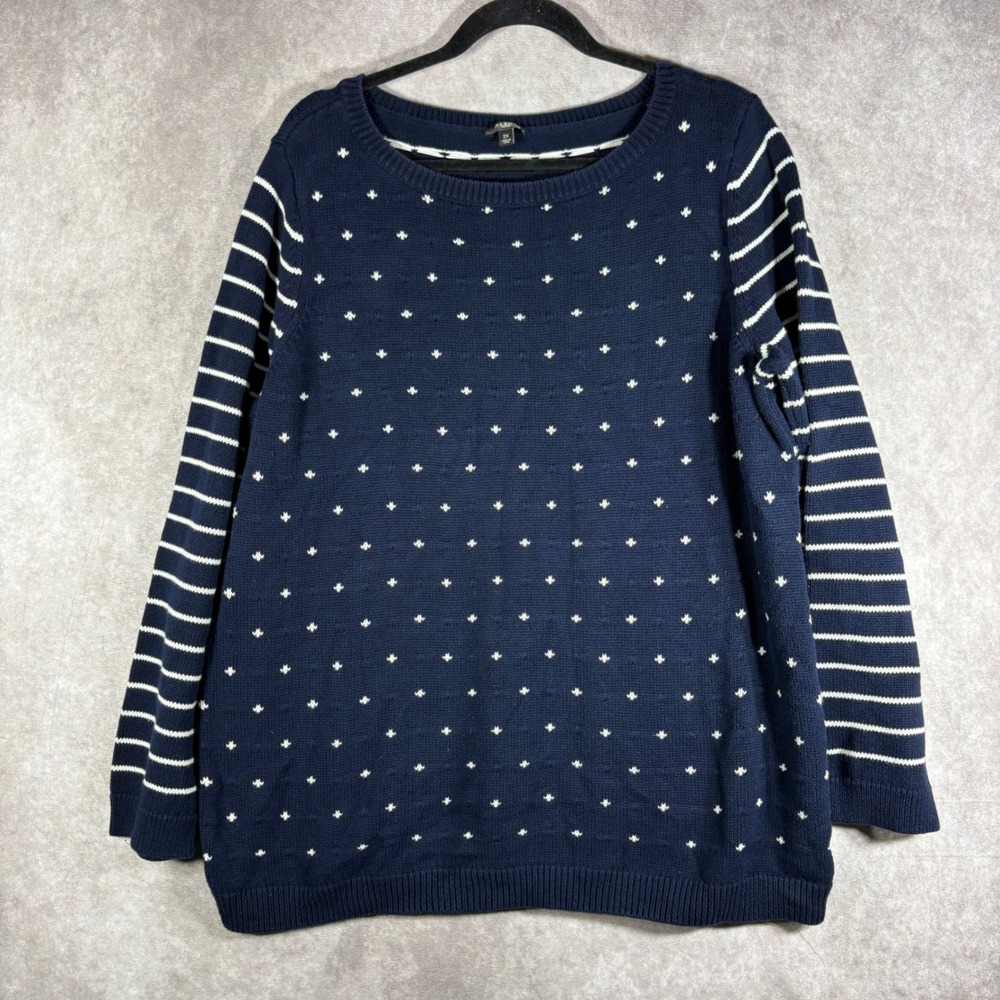 Talbots Sweater Womens 2X Navy Blue Pullover Polka Dot Striped Sleeves Cotton